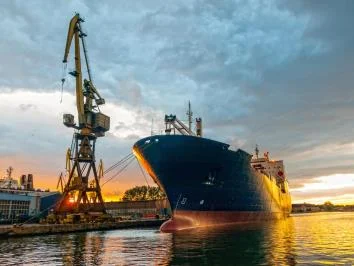 A container ship docked beside a port crane